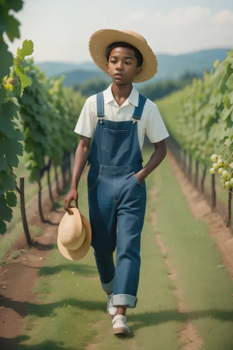 Amidst the rolling hills of an English vineyard in the 1990s, a twelve-year-old black boy, with a straw hat and overalls, energetically hops between grapevines, participating in the age-old tradition of grape stomping, creating a scene of rustic charm and ...