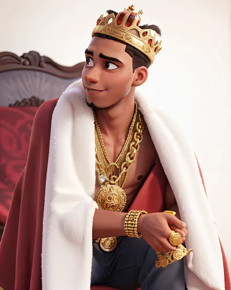 a light brown young man with a crown on his head with gold bracelets, gold watch and gold rings studded with a red blanket