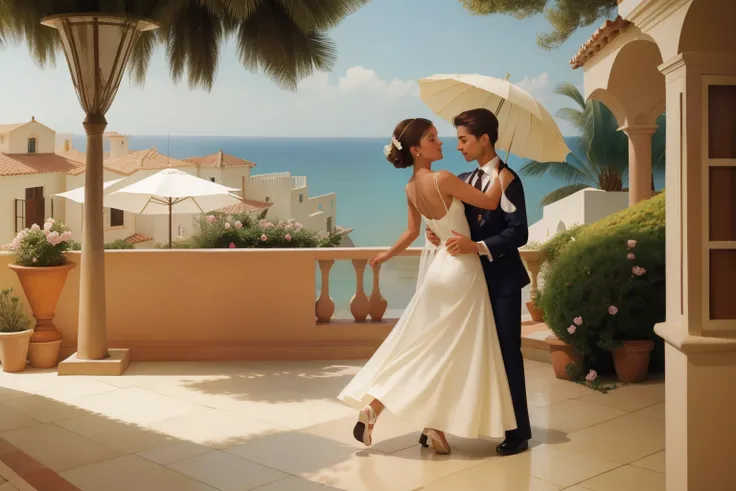 On the charming terrace of a Mediterranean-style villa in the 2000s, a fourteen-year-old white girl, with a flowing sundress and a parasol, elegantly performs a series of vintage ballroom dance steps, capturing the timeless elegance of an English summer so...