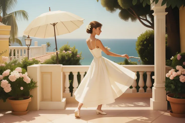 On the charming terrace of a Mediterranean-style villa in the 2000s, a fourteen-year-old white girl, with a flowing sundress and a parasol, elegantly performs a series of vintage ballroom dance steps, capturing the timeless elegance of an English summer so...