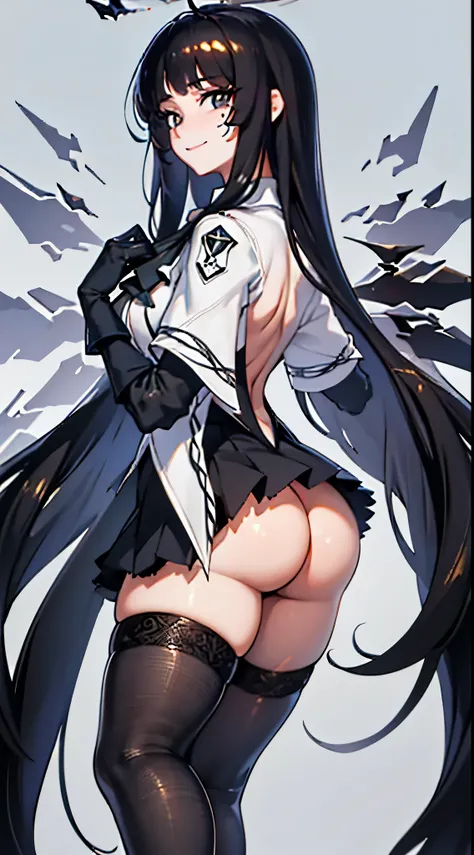 best quality, masterpiece, highres, solo, {virtuosa_arknights:1.15}, long_hair, bangs, black_hair, halo, smile, closed_mouth, ascot, very_long_hair, wings, black_eyes, blunt_bangs, 1girl, collared_shirt, shirt, looking_at_viewer, mole, mole_under_eye, simp...