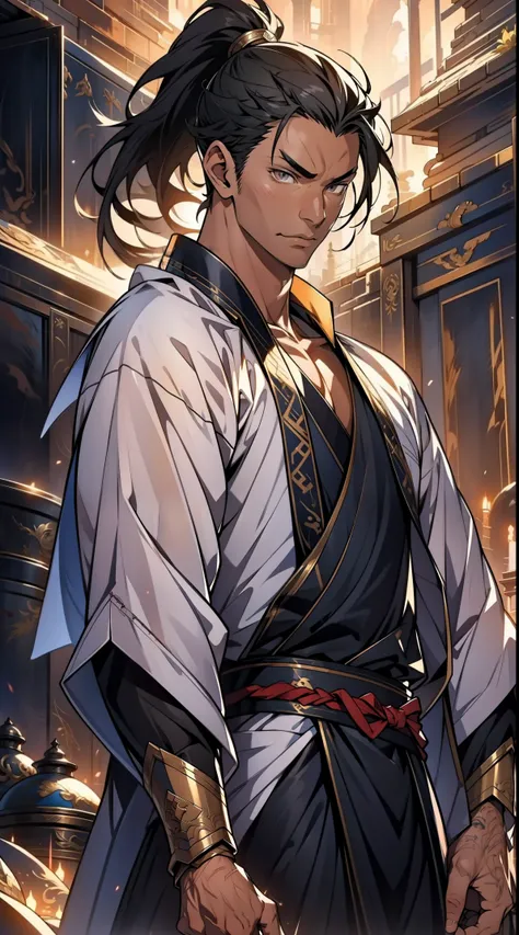 Two dimensions，anime style，one person（male warrior），proportions are correct，facial details，swordsman，high ponytail hairstyle，neck detail，Have an Adam&#39;s apple，Black period costume，joke，black toga，clothing details，transfer，long sleeves，Game quality，fenci...