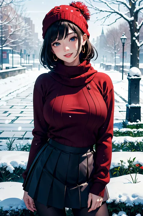 20 year old woman、(masterpiece:1.4)、(highest quality:1.4)、ultra high resolution、A little anime style、beautiful features、black short bob、knit hat、Scarf、earrings、sweater、pleated skirt、black tights、(huge breasts:1.1)、red face、smile、stand、arms behind body、It&#...