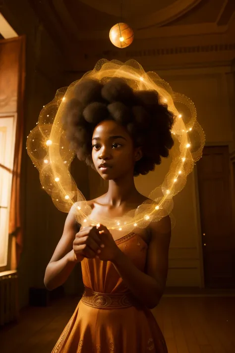 Within the time-forgotten ballroom of a Scottish manor in the 2010s, a fifteen-year-old black girl, with an intricate afro adorned with glowing fireflies, elegantly dances amidst floating orbs of light, her movements invoking the magic of ancient Celtic tr...