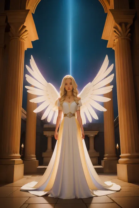 In the spellbound courtyard of a Welsh palace in the 2010s, a fourteen-year-old white girl, with silver-blonde locks and a gown adorned with magical symbols, engages in a duel of spellcasting with a mythical creature, casting rays of light and vibrant hues...