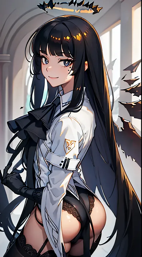 best quality, masterpiece, highres, solo, {virtuosa_arknights:1.15}, long_hair, bangs, black_hair, halo, smile, closed_mouth, ascot, very_long_hair, wings, black_eyes, blunt_bangs, 1girl, collared_shirt, shirt, looking_at_viewer, mole, mole_under_eye, simp...