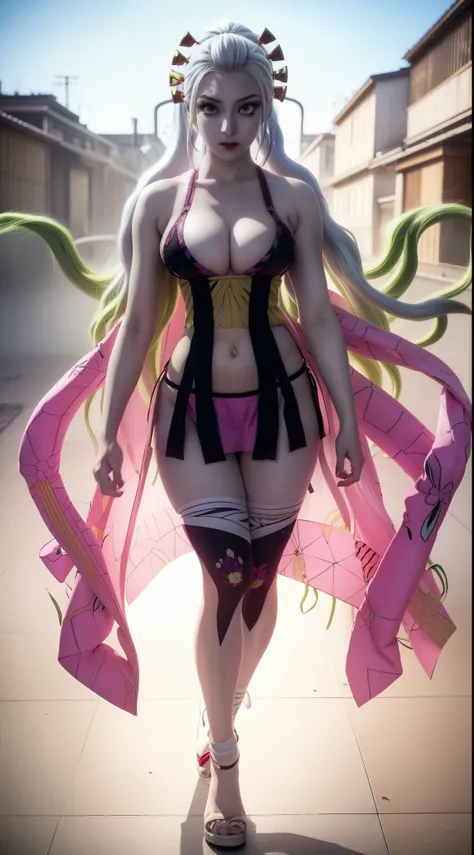 anime character with a pink and yellow dress and a green hair, anime woman fullbody art, anime character; full body art, official artwork, official art, anime monster girl, digital art from danganronpa, white haired deity, momoshiki ōtsutsuki, junko enoshi...