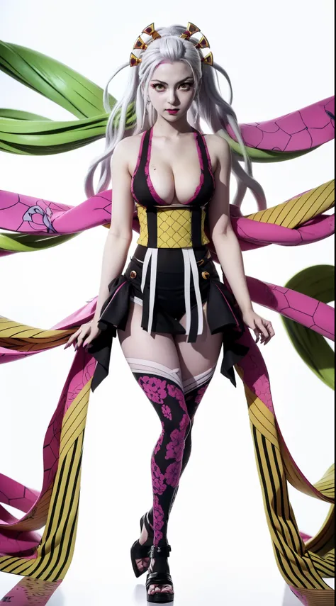 anime character with a pink and yellow dress and a green hair, anime woman fullbody art, anime character; full body art, official artwork, official art, anime monster girl, digital art from danganronpa, white haired deity, momoshiki ōtsutsuki, junko enoshi...