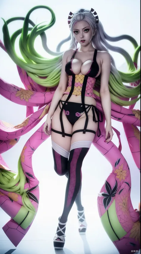 anime character with a pink and yellow dress and a green hair, anime woman fullbody art, anime character; full body art, official artwork, official art, anime monster girl, digital art from danganronpa, white haired deity, momoshiki ōtsutsuki, junko enoshi...