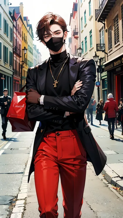 a man in a mask walks down the street, wearing a black and red costume, dressed in expensive clothes, Julia Pishtar, Clemens Usher, Masculinity, haute couture, Rich style, Cai Xukun, inspired by Tommaso Redi, inspired by Gianfredo Camesi, red costume, Vuit...