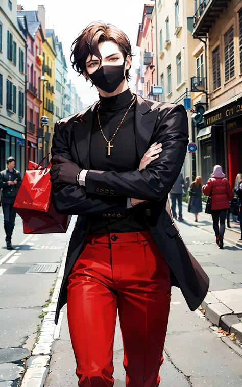 a man in a mask walks down the street, wearing a black and red costume, dressed in expensive clothes, Julia Pishtar, Clemens Usher, Masculinity, haute couture, Rich style, Cai Xukun, inspired by Tommaso Redi, inspired by Gianfredo Camesi, red costume, Vuit...