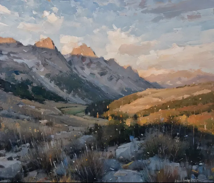 Capture the awe-inspiring beauty of towering mountain peaks bathed in the soft hues of dawn. Use oil or acrylic paints to emphasize the interplay of light and shadow on the rugged terrain. Ensure meticulous detailing of the rocks and snow-capped summits.