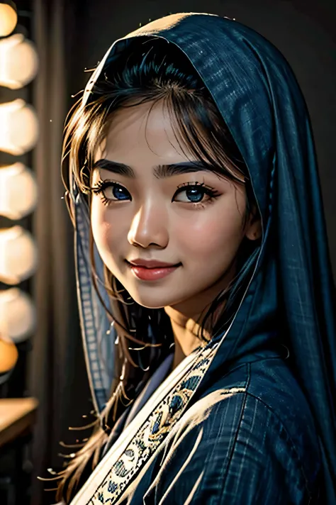 Close-up portrait photo of the face of a Hazara girl from Afghanistan with eyebrows like Japanese girls and eyes like South Asian women with beautiful makeup. This girl has blue eyes and a smile on her face, and her clothes look like European models. The b...