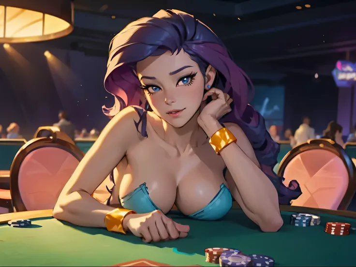 rarity from my little pony ,rarity as a girl , female body , Slender body , las vegas , inside casino, lay on poker table , posing a lot of money on the table, very long hair , wear fantasy dress, upskirt ,sexy pose , erotic , topless , exposed genitals , ...