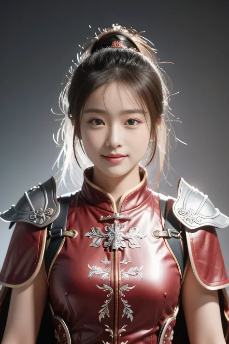 Chinese female general Hua Mulan，Reddish brown Confucian robe lining，Silver metal breastplate，battlefield background，majestic，Smile（open mouth）（The corners of the mouth are raised），Leather tunic，Knee pads，eight clones，sunshine on face，silver metal headband...