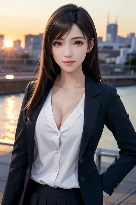 (Top Quality, Masterpiece: 1.1), (Realistic: 1.3), BREAK (((FF7,Tifa_lockhart))),Ultra-detailed face, Detailed eyes,(black Brown Hair, Large breasts: 1.2),(tokyo,background is Unique The City,at Sunrise),  BREAK winter,(tifa wearing school uniform:1.4, ple...