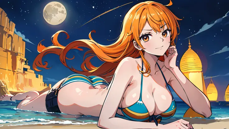 a alone nami in bikini lying on the beach in sensual pose on full moon night Capture her distinctive look with orange hair, pirate outfit and a happy expression. -se de que a imagem reflete sua personalidade aventureira e confiante, como mostrado no anime....