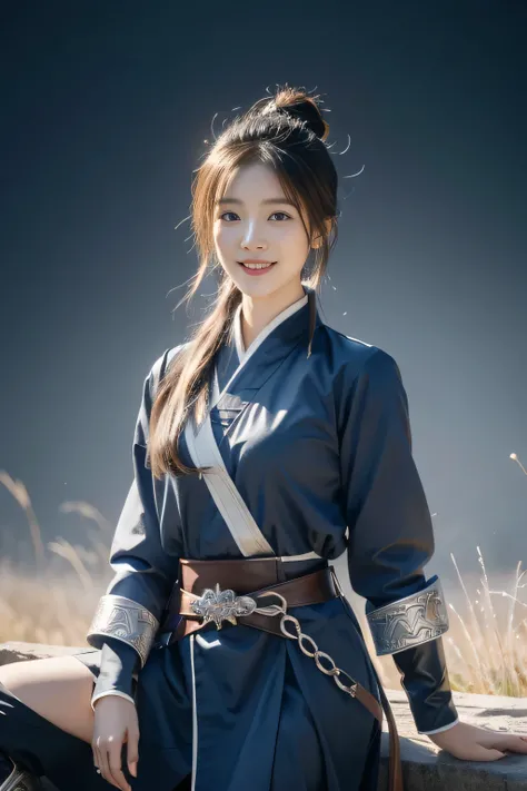 Chinese female general Hua Mulan，Navy blue Confucian robe lining，Silver metal breastplate，battlefield background，majestic，Smile（open mouth）（The corners of the mouth are raised），Leather tunic，Knee pads，eight clones，silver metal headband，Hair bun raised high...