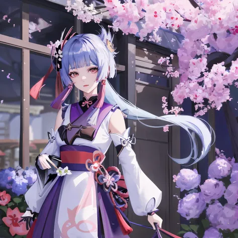 Anime girl in long skirt standing in front of the door, ayaka Genshin impact, ayaka game Genshin impact, keqing from Genshin impact, Genshin impact character, Genshin, Genshin impact, Genshin impact style, Onmyoji Detailed Art, video game Genshin impact, z...