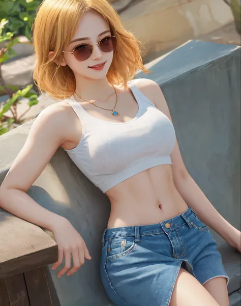 4K, masterpiece, high resolution, abdominal musclesurdres,Natural volumetric lighting and optimal shadows, Deep scene, sharp focus, smiling,Soft, delicate, beautiful and charming face,edge of asia,
Beautiful blonde Nadia，Wearing sunglasses and a necklace,
...