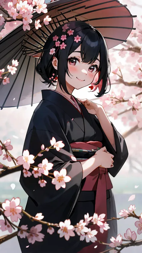 1 young woman, black hair, smile, black kimono, Cherry Blossom, Cherry Blossomびらのような髪型,