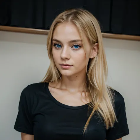 25 years old girl, beautiful and cute, Blonde hair and blue eyes, wearing a black t-shirt