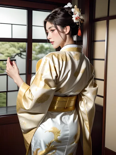 (Beautiful model in Japanese kimono commercial, beautiful straight long black hair), alone, ((face is 80% beauty and elegance, 20% pretty and cute:1.5)), clear eyes, (fine eyes, light green eyes, bright pupils), double eyelid, (Slightly thick and sexy lips...