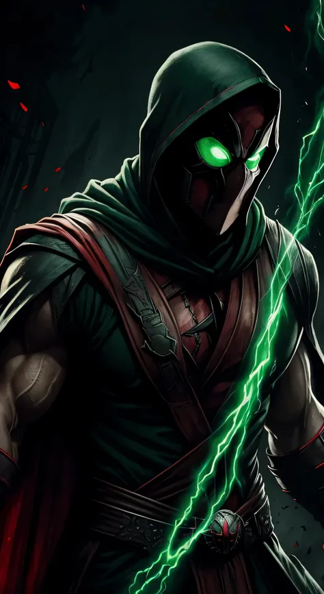 ((Ryan Reynolds)) as Ermac from Mortal Kombat, wearing black-and-red, mummy-like tattered robe adorned with ancient markings, face is obscured by a mask or hood, (glowing green eyes), ((levitating)), intricate, high detail, sharp focus, dramatic, photoreal...