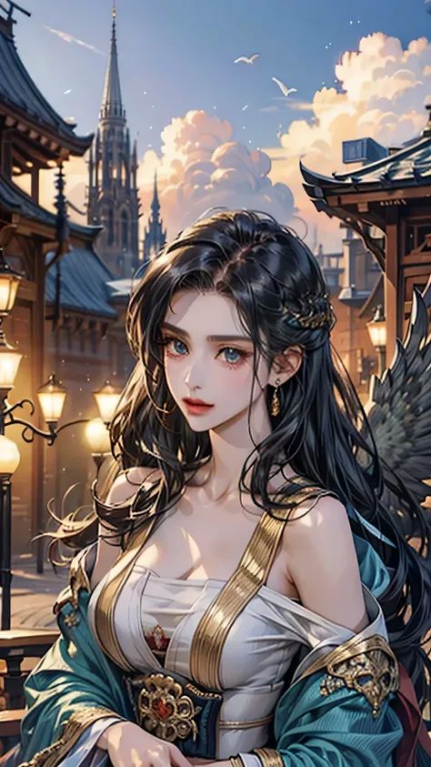 1girl, Extremely beautiful, amazing face and eyes, extremely detailed beautiful face, SLIGHTLY LONG CHIN), (best quality:1.4), Raw photo, (realistic, photo-realistic:1.4), 90s retro anime style, High above the clouds, there exists a magnificent floating ci...