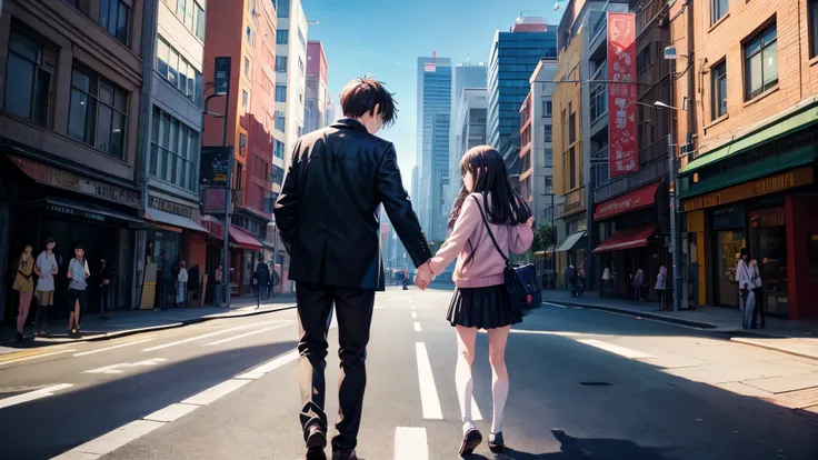 anime illustration、High resolution、sad man and woman couple、15 years old、black straight hair、Urban city、camellia、movie scene