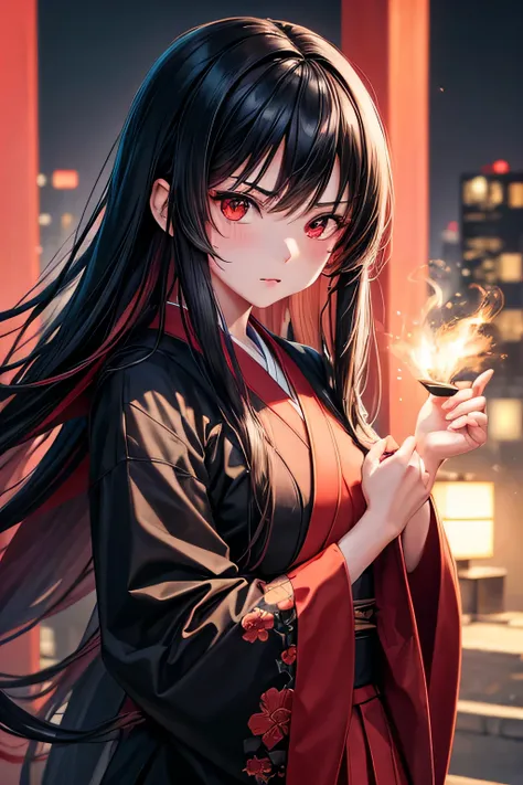 1girl, japanese schoolgirl, she has straight long black hair, red eyes and and evil determined look. She wears a black and red modern japanese school uniform and a long black coat. vibrant appearance, creative behavior, imaginative, , spontaneous, , highes...