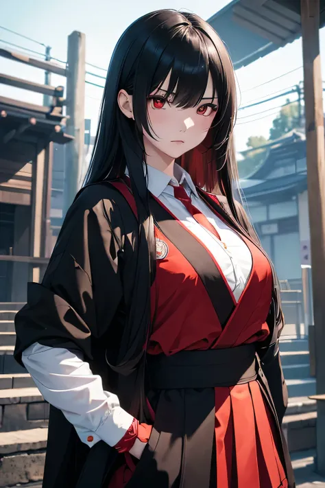 1girl, japanese schoolgirl, she has straight long black hair, red eyes and and evil determined look. She wears a black and red modern japanese school uniform and a long black coat. vibrant appearance, creative behavior, imaginative, , spontaneous, , highes...