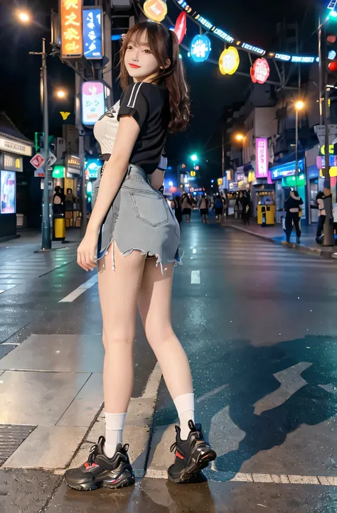 long-focus,（full-body shot：1.4），shoe，shop，small thighs，(On the streets at night，night:1.5），ultra short mini skirt，student shoes， nightbackground,（Cat ear：1.5），Smile，（exquisite eyes：1.5），depth of field，Wide，full-body shot,（8k， original photo， best quality， ...