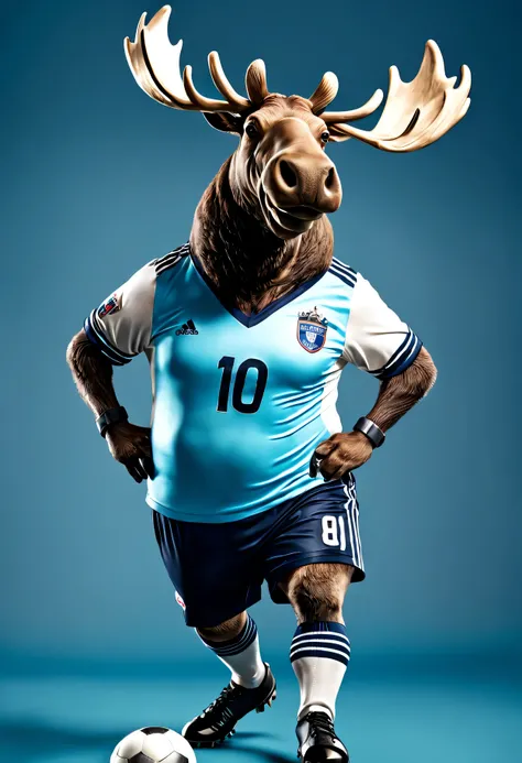 photorealistic portrait of Dressed animals - a fat moose soccer player,( dynamic action pose), high quality,(lovely) ,intricate details, highly detailed ((soccer uniform)) ,highly detailed, wearing sunglasses, (happy), studio lighting,(full body image:1.5)