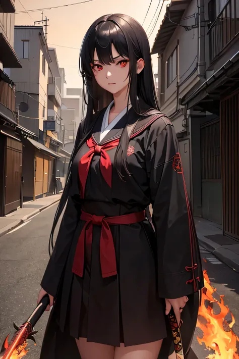 1girl, japanese schoolgirl, she has straight long black hair, red eyes and and evil determined look. She wears a black and red modern japanese school uniform and a long black coat. Walking down the street. Holding a katana in the hand. The katana is covere...