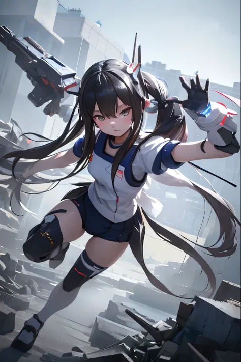 (highest quality)), ((masterpiece)), (very detailed: 1.3), 3D,  {(1 young girl)}, (wear navy buruma and white gym uniform with colored hem under armor:1.2), (black hair:1.5), wears a futuristic Gundam mecha,(heavy armored Gundam), with headgear, with v-fin...