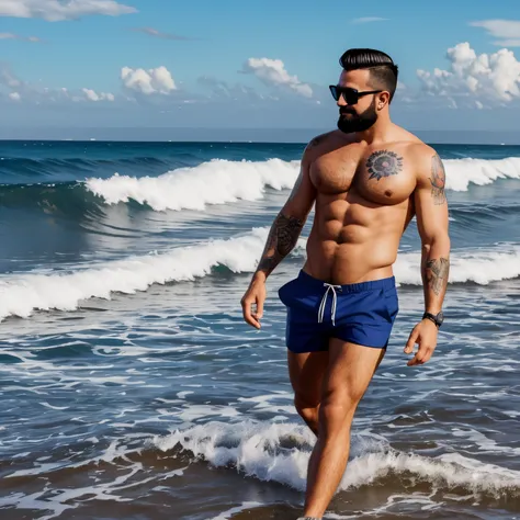 Descreva a cena de um homem com idade entre 35 e 40 anos com cabelos castanhos alguns fios grisalhos e uma barba e bigode cerradas, Some tattoos on my arm, corpo um pouco musculoso e proporcional, wearing dark blue floral knee-length shorts and sunglasses,...