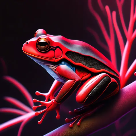 intricate and colorful, (digital painting:1.2) red tree frog, bright neon skin, wet, portrait, concept art, octane render, trending on artstation, neon-noir background, iolibt, vfx, Blender and Photoshop, octane render, excellent composition, cinematic atm...