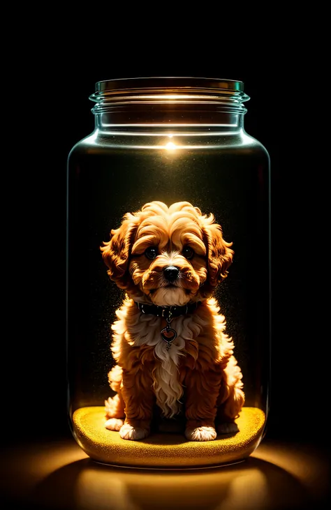 Maltipoo puppy in a huge jar, fluffy, realistic, airglow refraction, by lee jeffries nikon d850 film stock photos 4 kodak portra 400 camera f1.6 lens rich colors hyper realistic lifelike texture dramatic lighting unreal engine trending on artstation cinest...