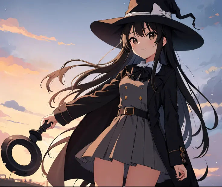 ((masterpiece)), (high details), (high quality), (best quality), (highres),eyes detail,1 girl, anime moe artstyle, anime best girl, in the anime film, K-On!,Akiyama Mio, black hair ,long hair, (grey eyes), ((holding staff)), (magician witch),((wear black c...