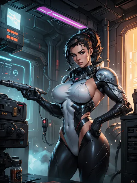 Alison Tyler, 25 yo, Perfect Face, Perfect body, bodybuilder, White Swinsuit armored cyberpunk, Pretty Features, Spaceship Interior, Wadim Kashin, James Gurney, INK, Splash Art", Royo, Sharp Focus, Emitting Diodes, Smoke, Artillery, Sparks, Racks, SYSTEM U...