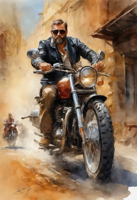 {{{Close up}}}, {Best quality}, {{Masterpiece}}, {A high resolution}, Original, Extremely detailed 8k wallpaper, A man riding a Triumph motorbike without helmet, 48 years old, short beard, sunglasses, Judgement day, science fiction writer style, adventure,...