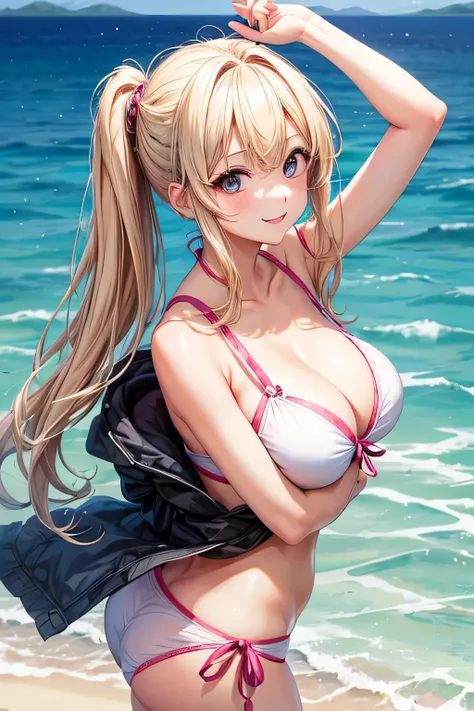 1 girl、one person、whole body、swimsuit、Rear view、(random hairstyle:1.2)、超become familiar withな顔、become familiar with、double eyelid、(casual hairstyles、big breasts:)、soft chest、blonde、smile