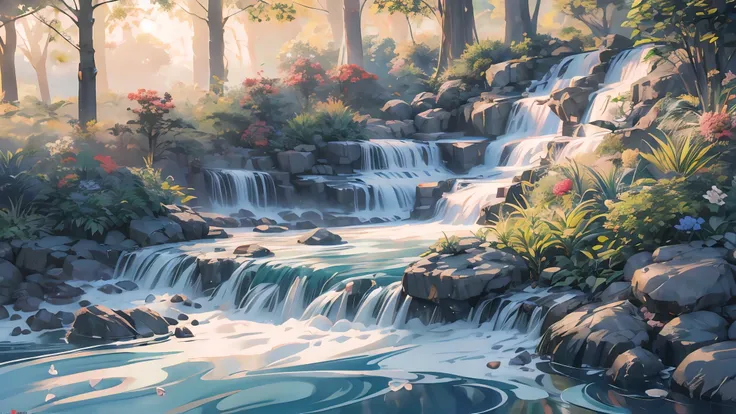 a chaotic rushing waterfall in a serene beautiful landscape, ray tracing, detailed reflections, intricate, high detail, dramatic...