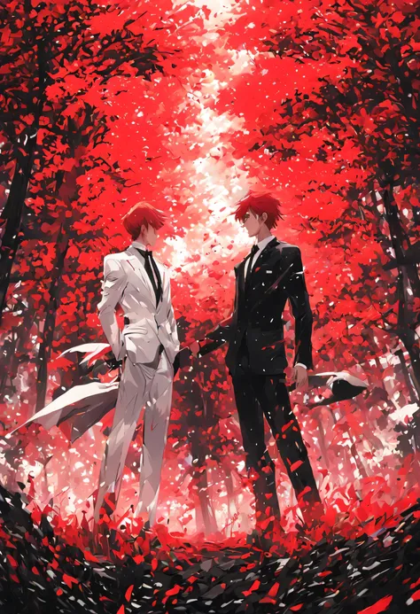 masterpiece, concept art, panoramic, illustration, wide shot, (((((2men, red hair, suit, black suit, white suit, facing each oth...