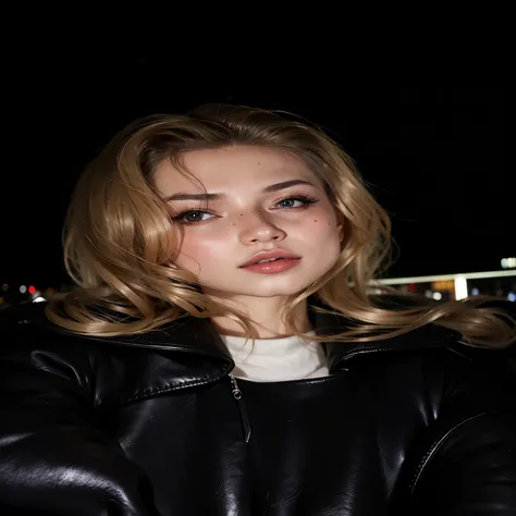 blond woman in black leather jacket sitting on a bench at night, yelena belova, dasha taran, perfect face ), thick lips, sofya emelenko, sexy face with full makeup, with very thin lips, anastasia ovchinnikova, most beautiful woman on earth, angelina stroga...