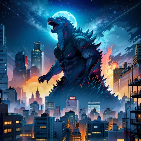 満月を背景に夜の街の上空に昇るGodzilla, Godzilla, monster, Godzillaの肖像, monsterバトル, Godzillaのキャラクターの肖像画, Studio Ghibli and Dan Mumford, 巨大なmonsterドラゴンモンスター, monsterエイガ, Towering Monsters in New York City, Inspired by Noriyoshi Ōrai, シン・Godzilla