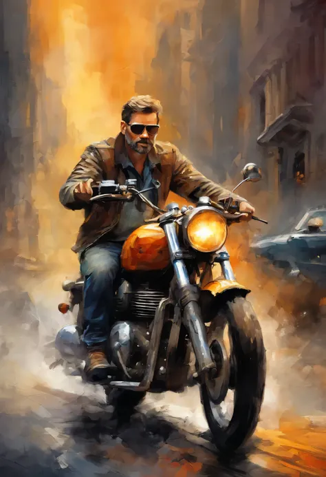 {{{Close up}}}, {Best quality}, {{Masterpiece}}, {A high resolution}, Original, Extremely detailed 8k wallpaper, A man riding a Triumph motorbike without helmet, 48 years old, short beard, curly brown hair, sunglasses, Judgement day, science fiction writer...