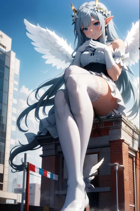 giant girl 50,000 feet high，Weight 1000kg，Has a pair of huge white angel wings，With huge devil horns on his head，crown on head，Elf wearing white earrings，She has long white hair that reaches her feet，loose hair，White wavy long curly hair，Wearing a pair of ...