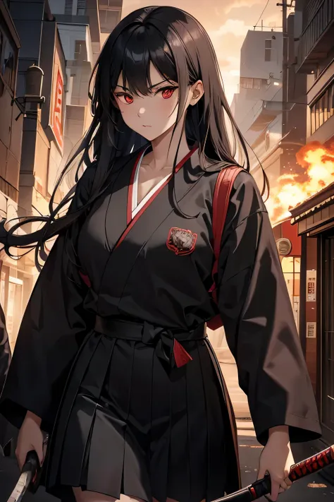 1girl, japanese schoolgirl, she has straight long black hair, red eyes and and evil determined look. she wears a black and red m...